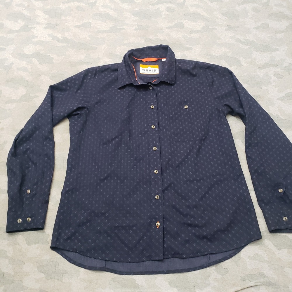 Orvis Top Womens Large Blue Geometric Long Sleeve Button-Up